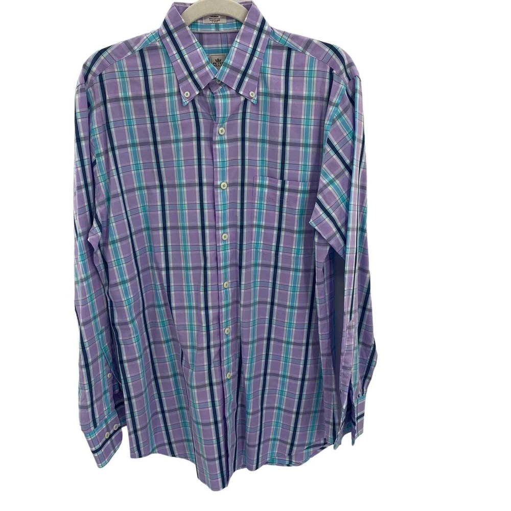 Peter Millar Button Front Shirt Seaside Finish Mens Medium Purple Blue Cotton - Picture 2 of 5